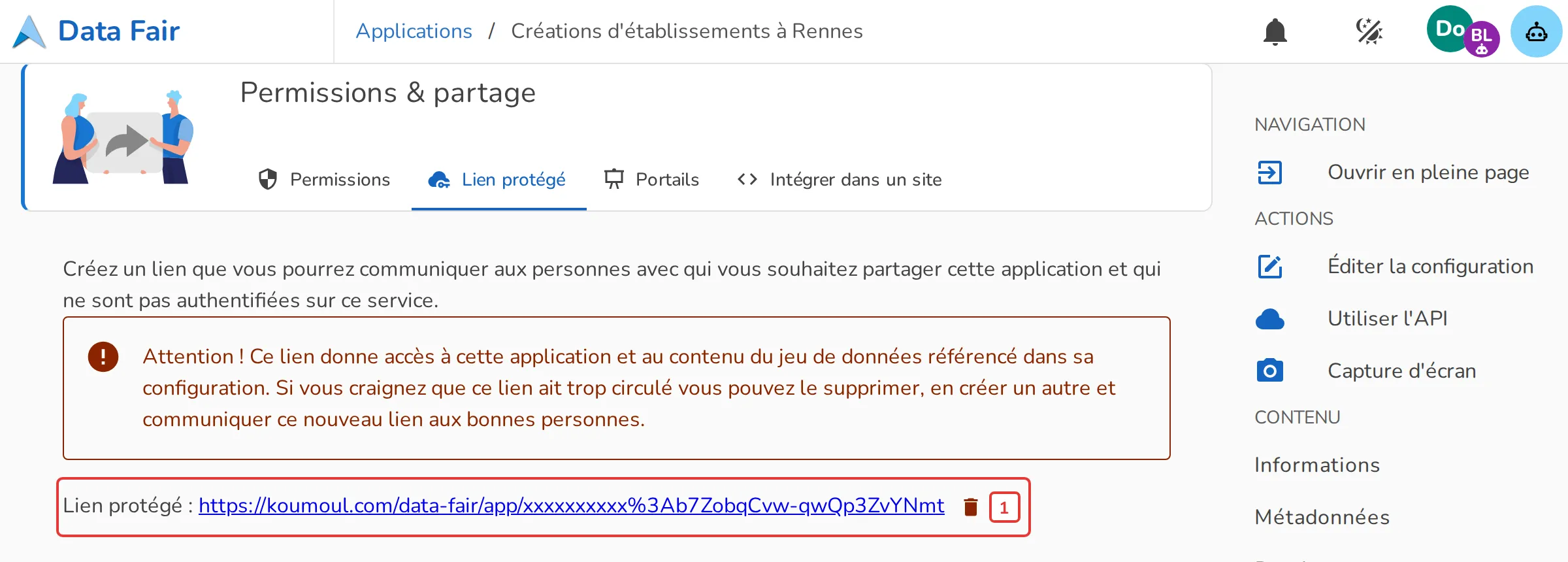 Onglet Lien protégé d'une visualisation