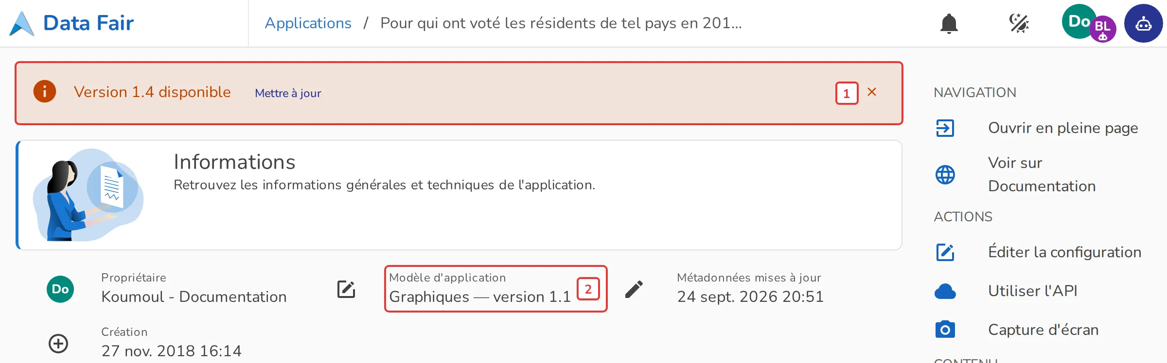 Bandeau annonçant une nouvelle version du modèle d'application