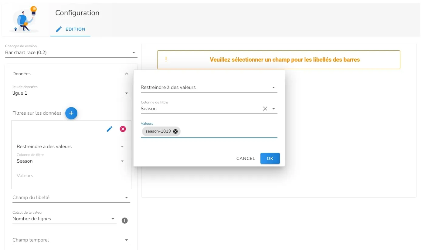 Interface de configuration de la visualisation « Bar chart race »