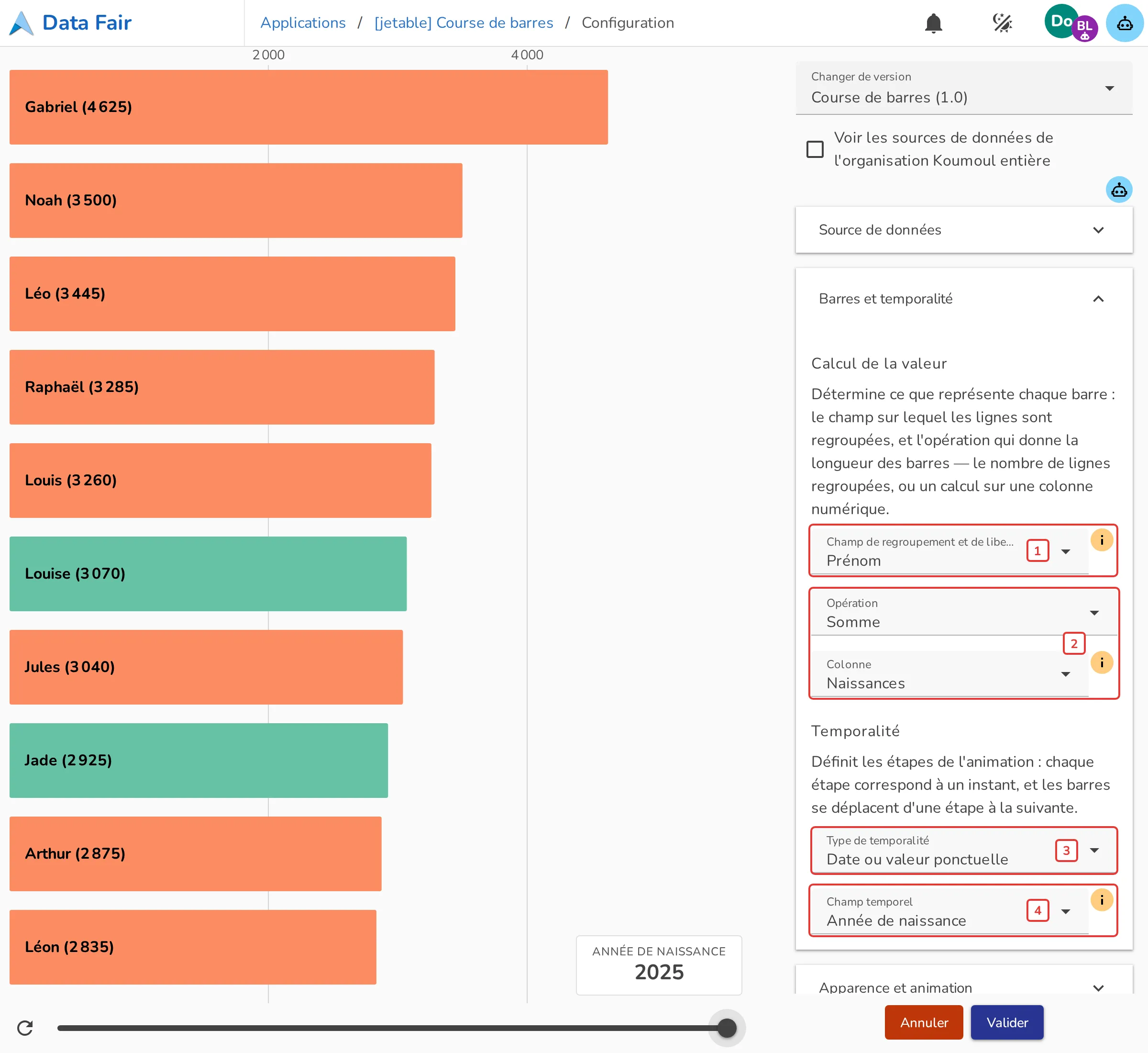 Section Barres et temporalité, avec une date ou valeur ponctuelle