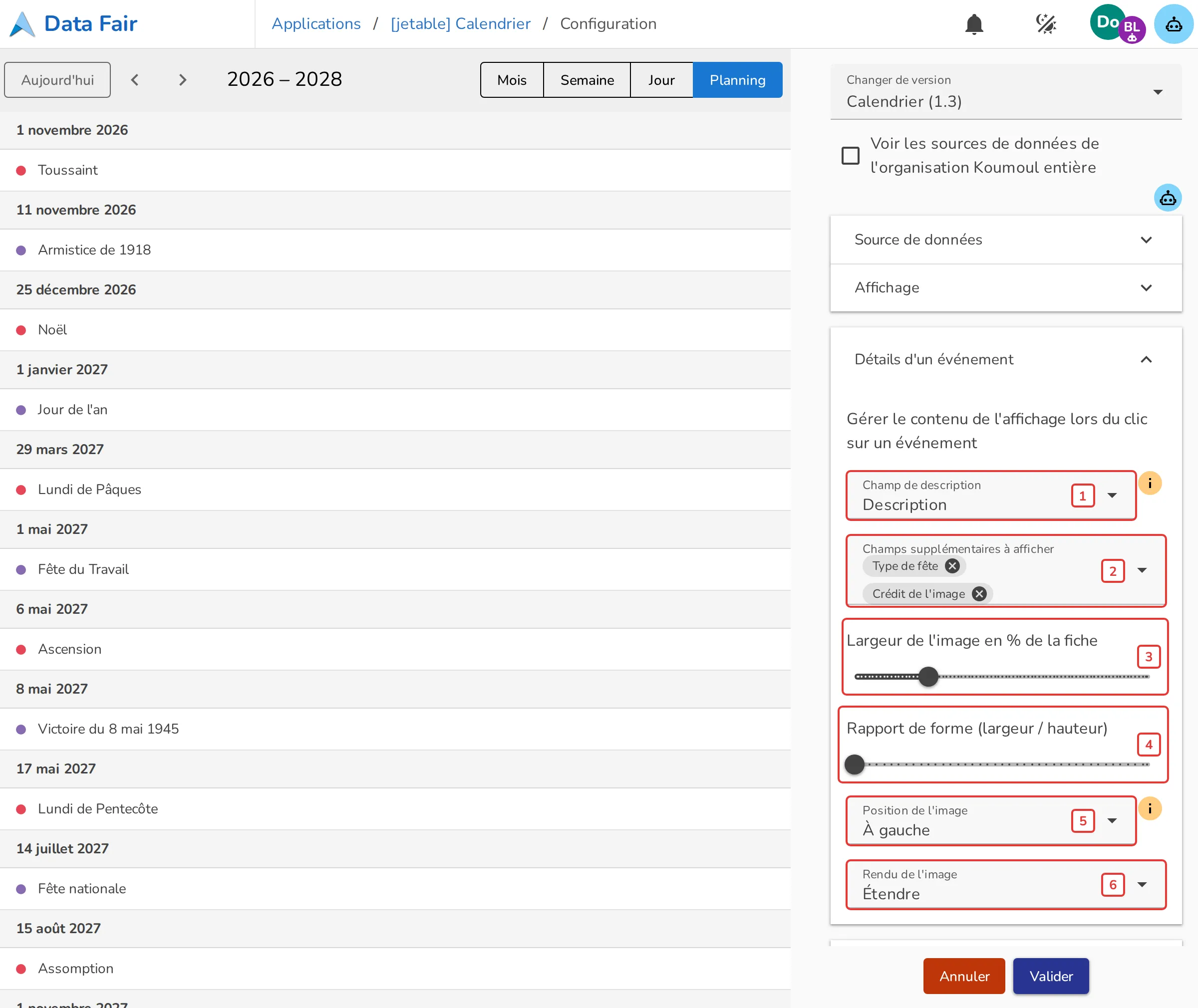 Section Détails d'un événement de la configuration du Calendrier