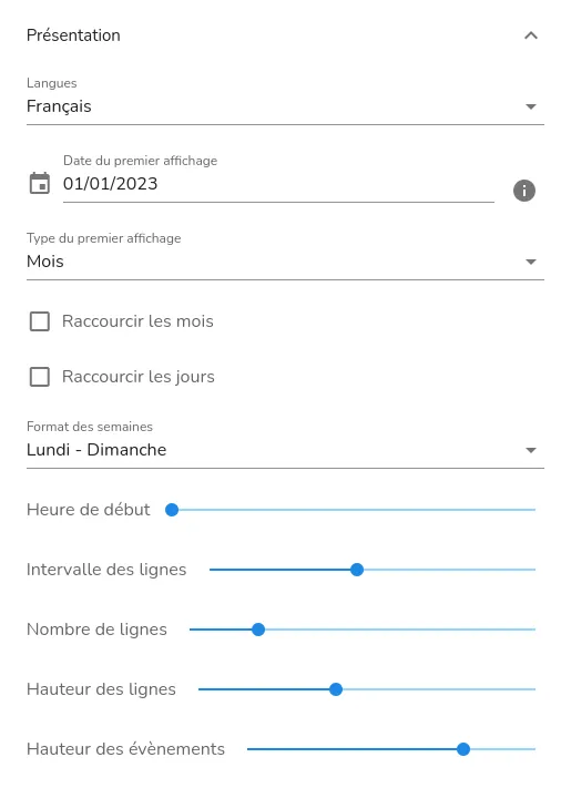 Section « présentation » du menu de configuration