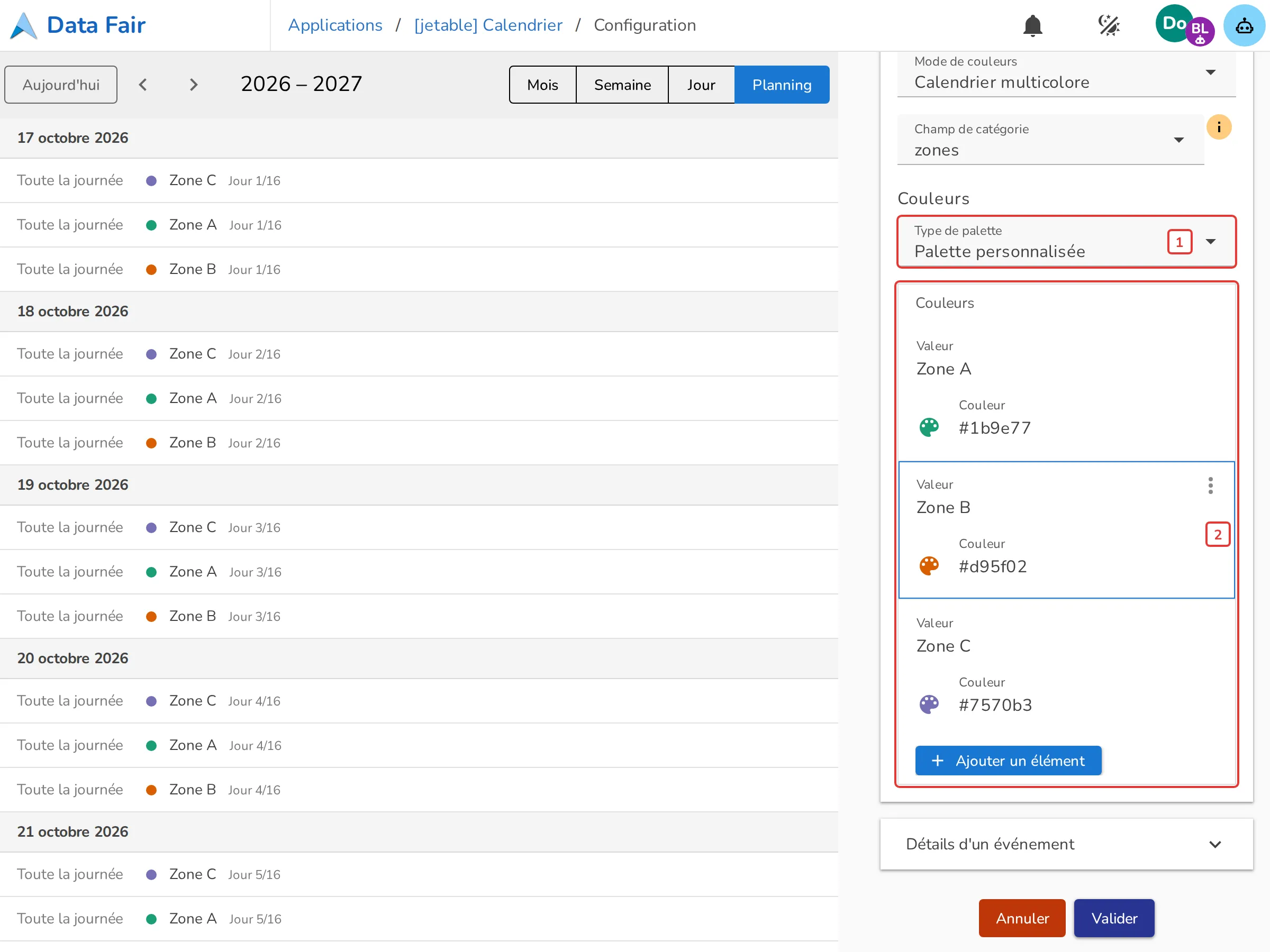 Palette personnalisée d'un calendrier multicolore