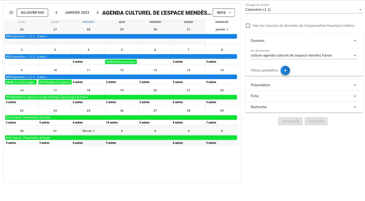 Écran de configuration de l'application calendrier