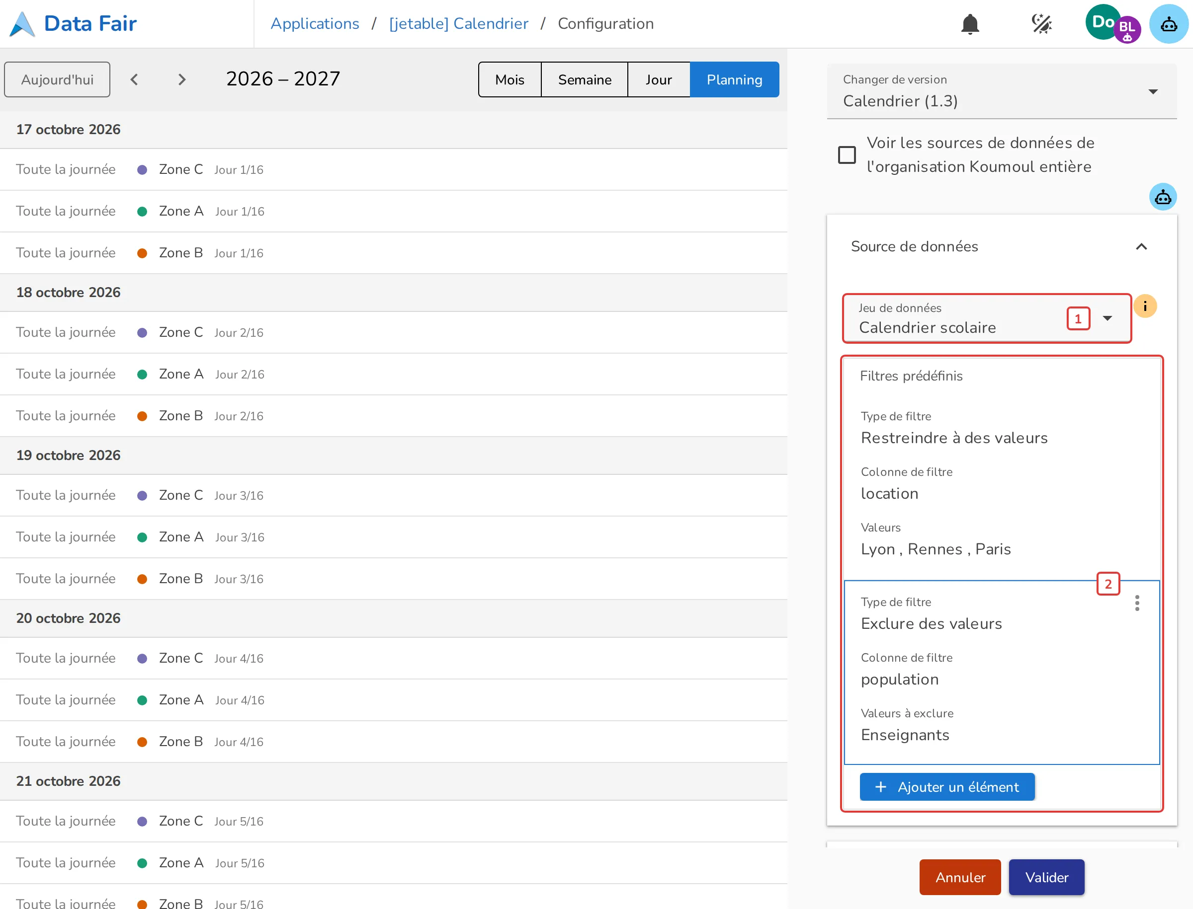 Section Source de données de la configuration du Calendrier