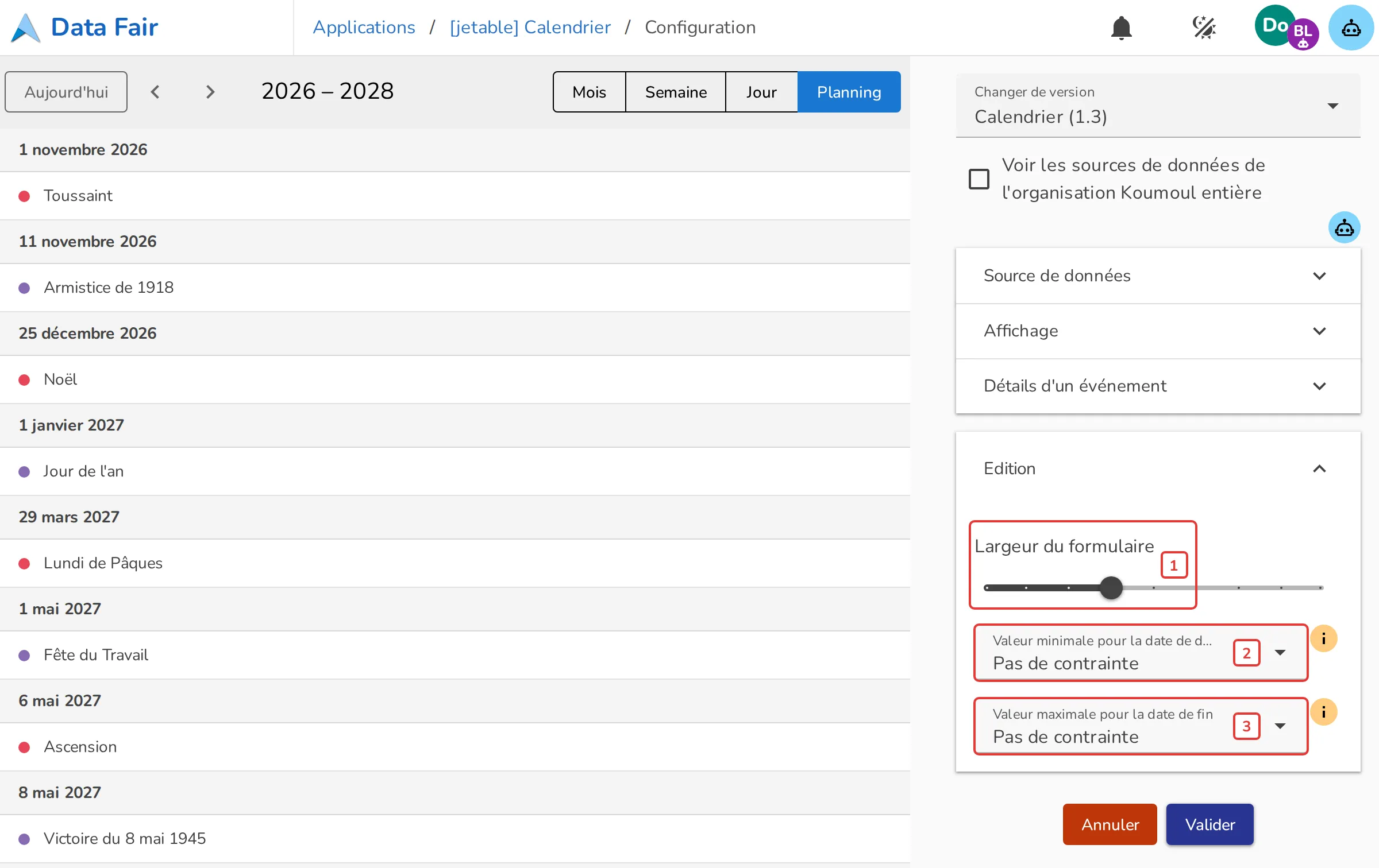 Section Edition de la configuration du Calendrier