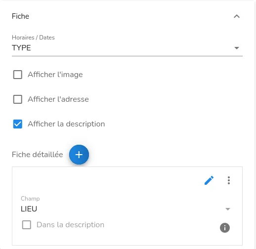 Section « fiche » de l'application