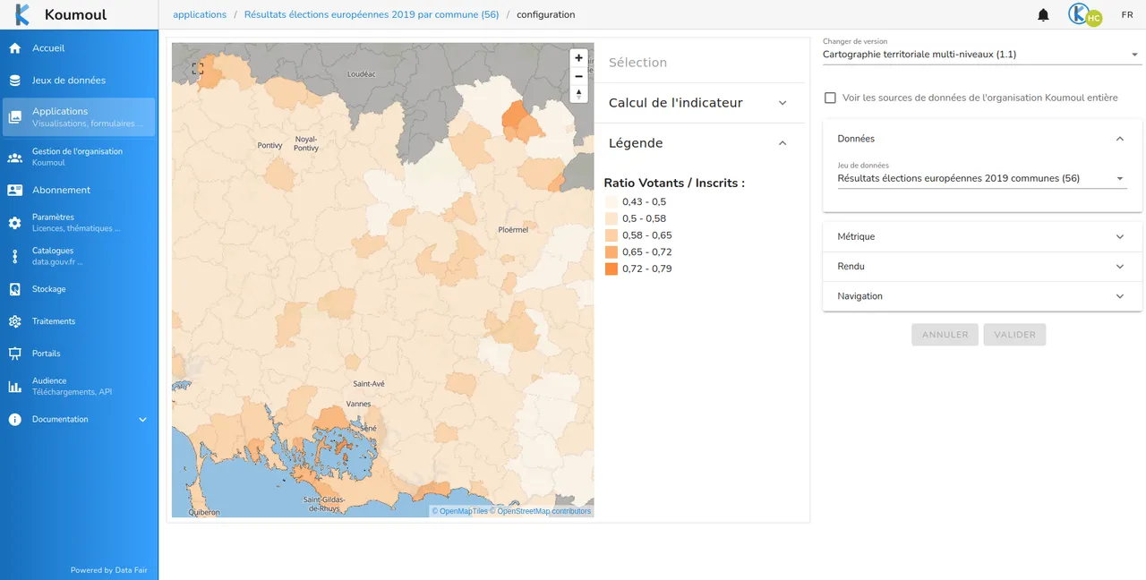 Écran de configuration de l'application cartographie territoriale multi-niveaux