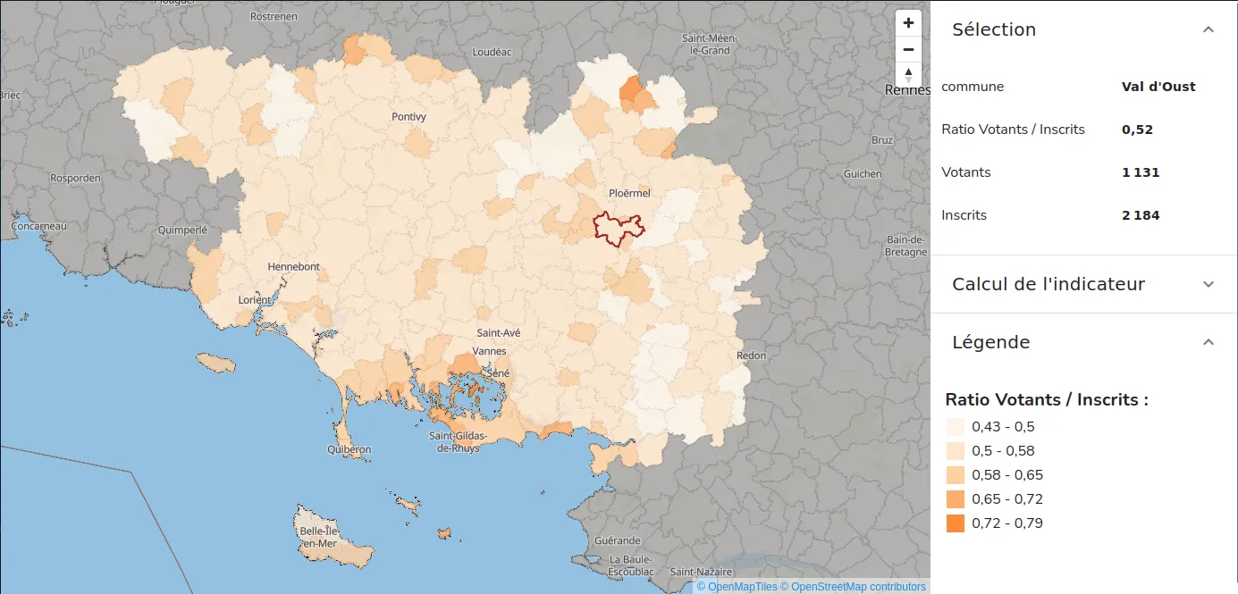 Carte du ratio votants/inscrits par commune (56) - Élections européennes 2019