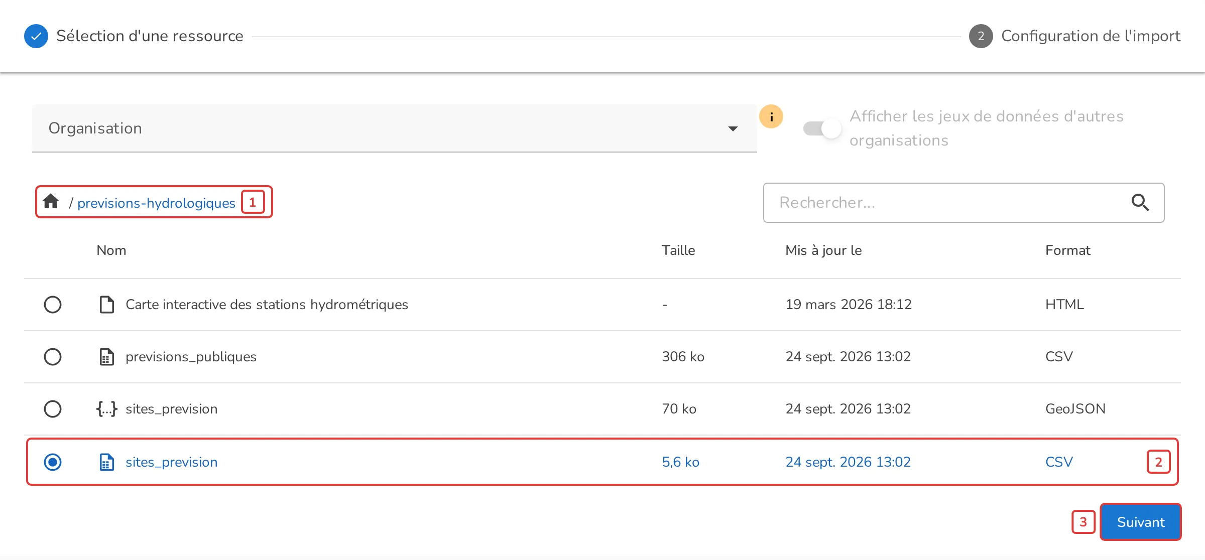 Sélection d’une ressource