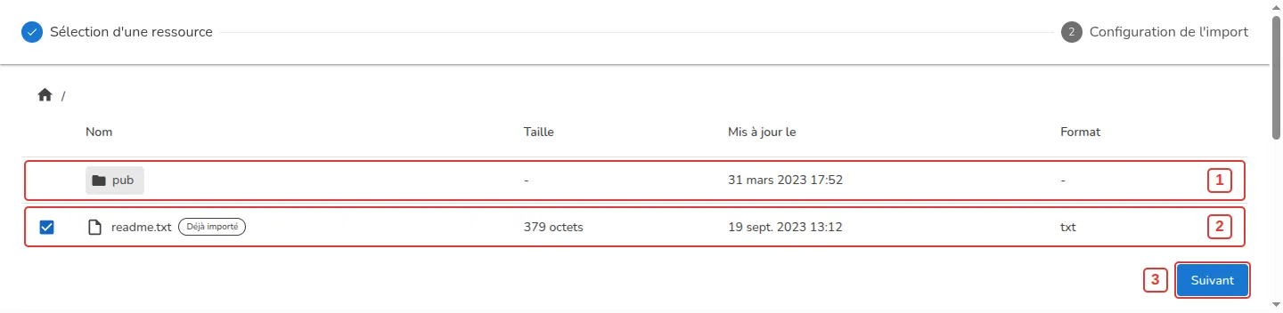 Sélection d'un fichier sur le serveur SFTP