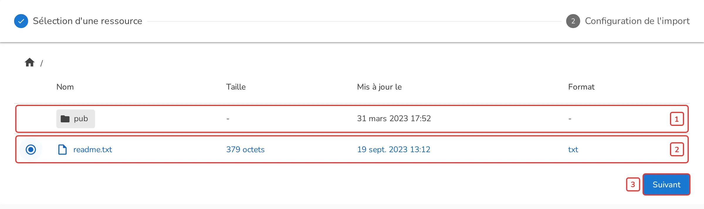 Sélection d'un fichier sur le serveur SFTP
