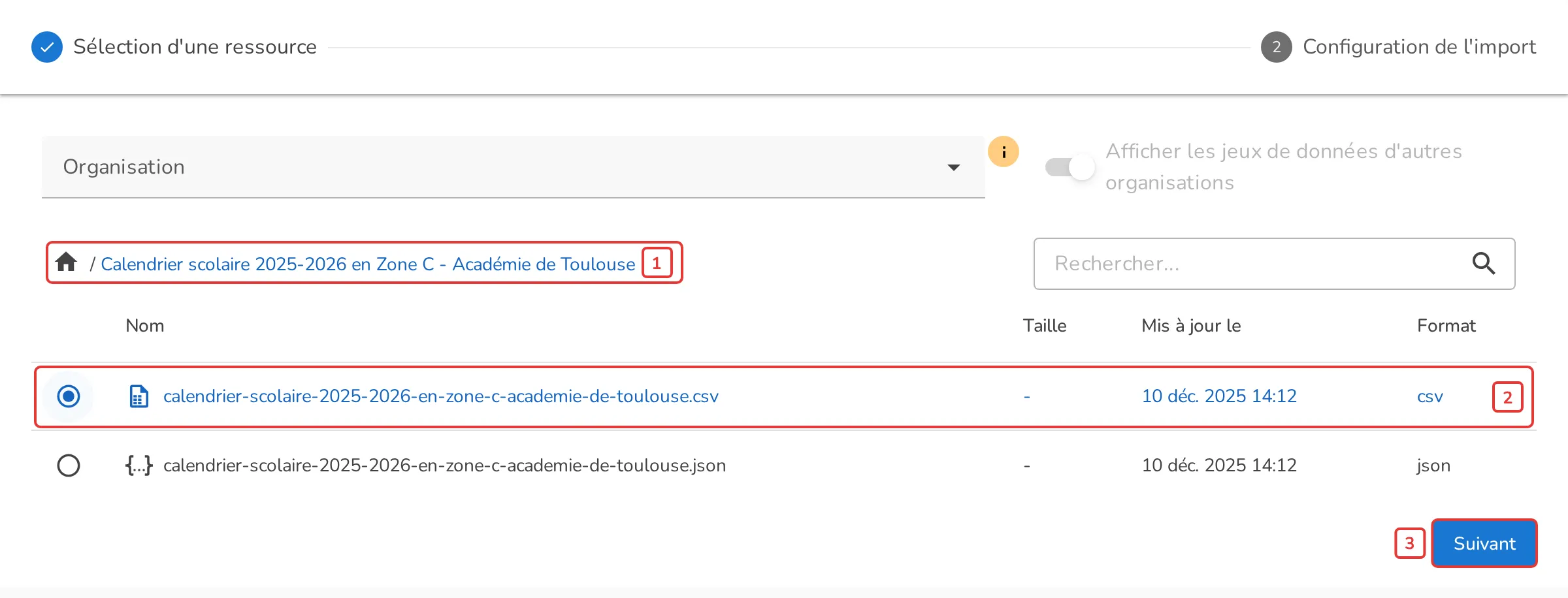 Sélection d’une ressource
