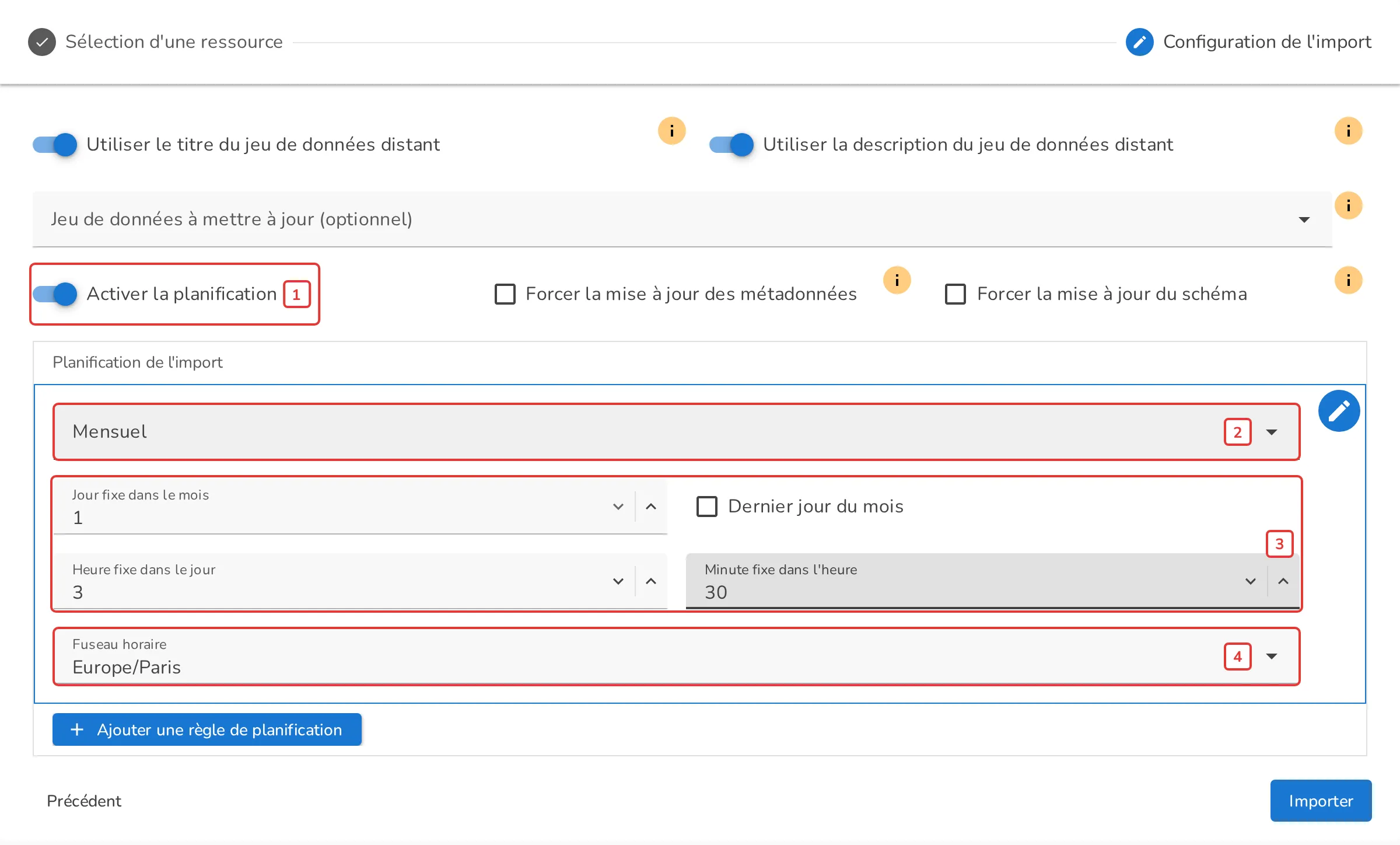 Configuration d'une règle de planification