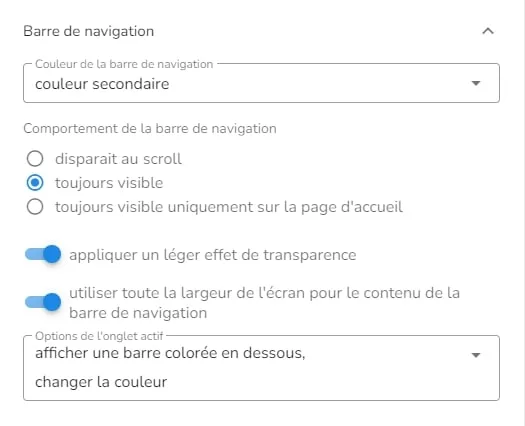 Sélectionnez les options de votre barre de navigation