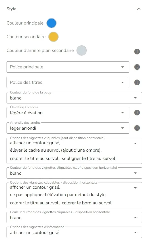 Chaque sous-menu contient ses propres paramètres