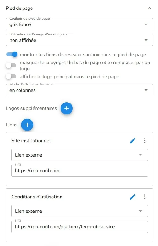 Des liens et des logos peuvent être ajoutés dans le pied de page de votre portail