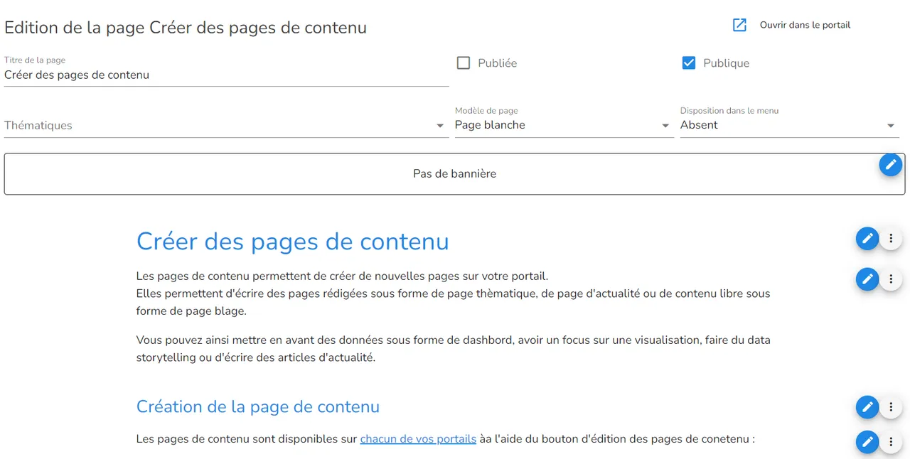Page d'édition d'une page de contenu