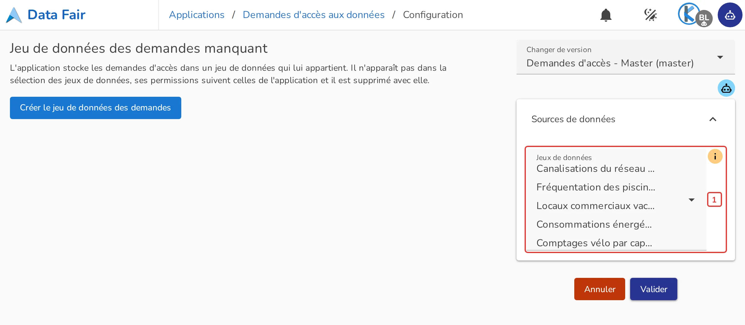 Section Sources de données de la configuration de l'application Demandes d'accès