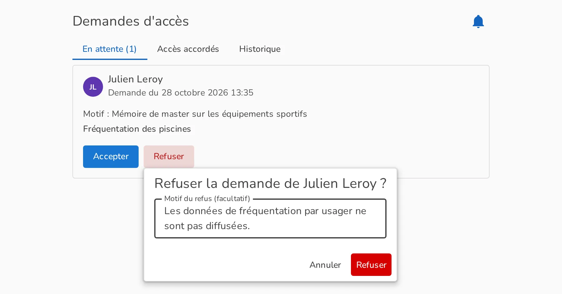 Refus d'une demande avec un motif