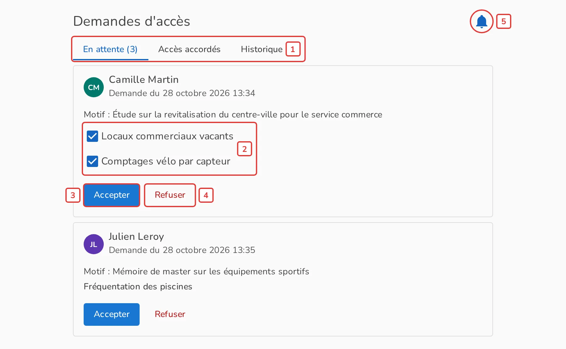 Vue de modération de l'application Demandes d'accès