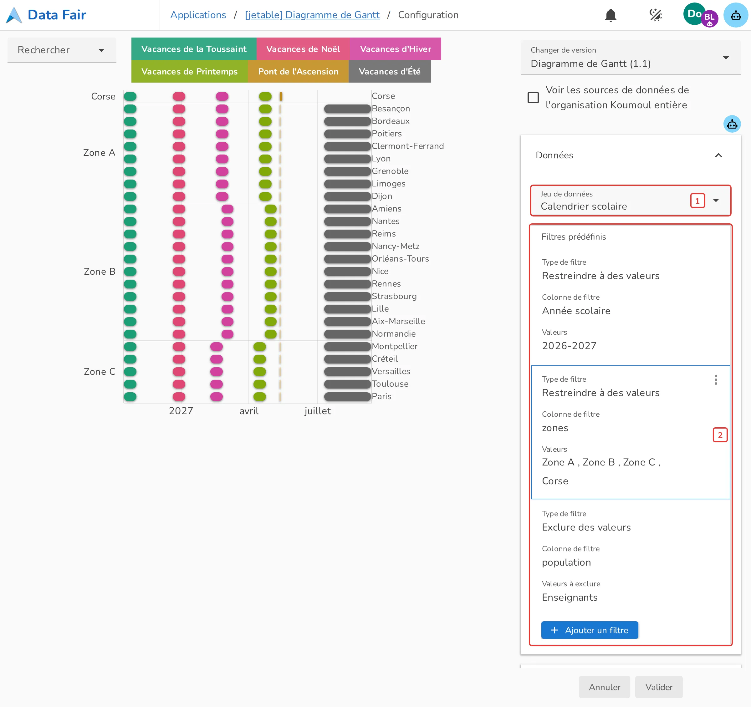 Onglet Données de la configuration du Diagramme de Gantt