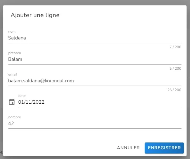 Formulaire de saisie du jeu de données