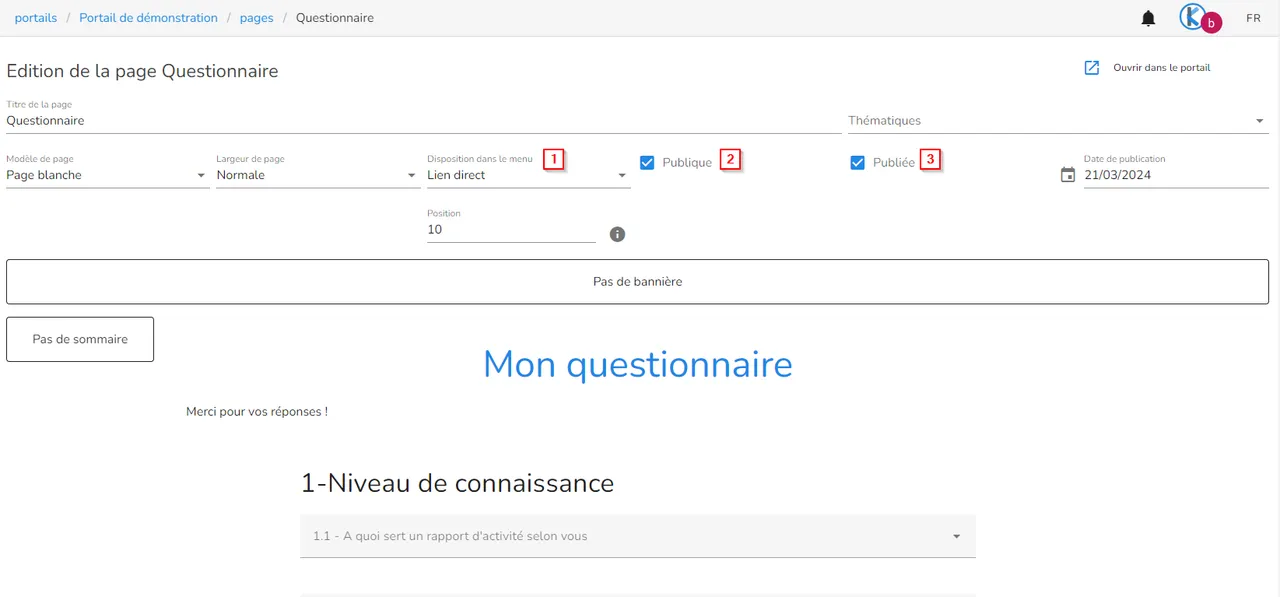 Publication d'une page de contenu sur le portail