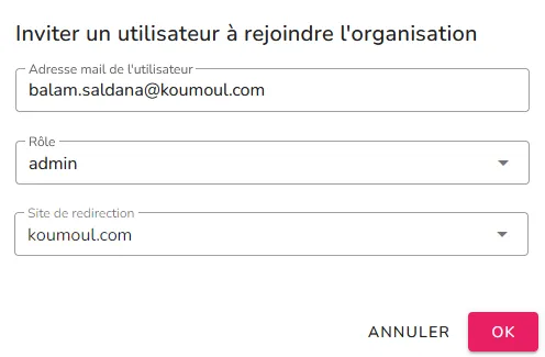 Invitation d'un membre dans l'organisation