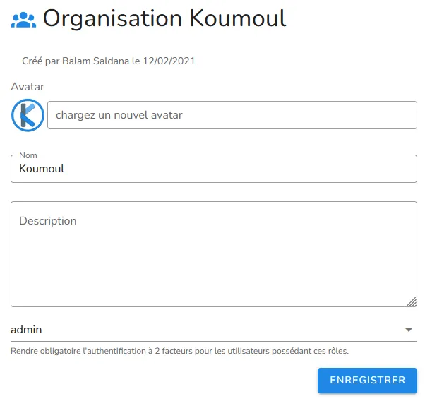Page de gestion de l'organisation