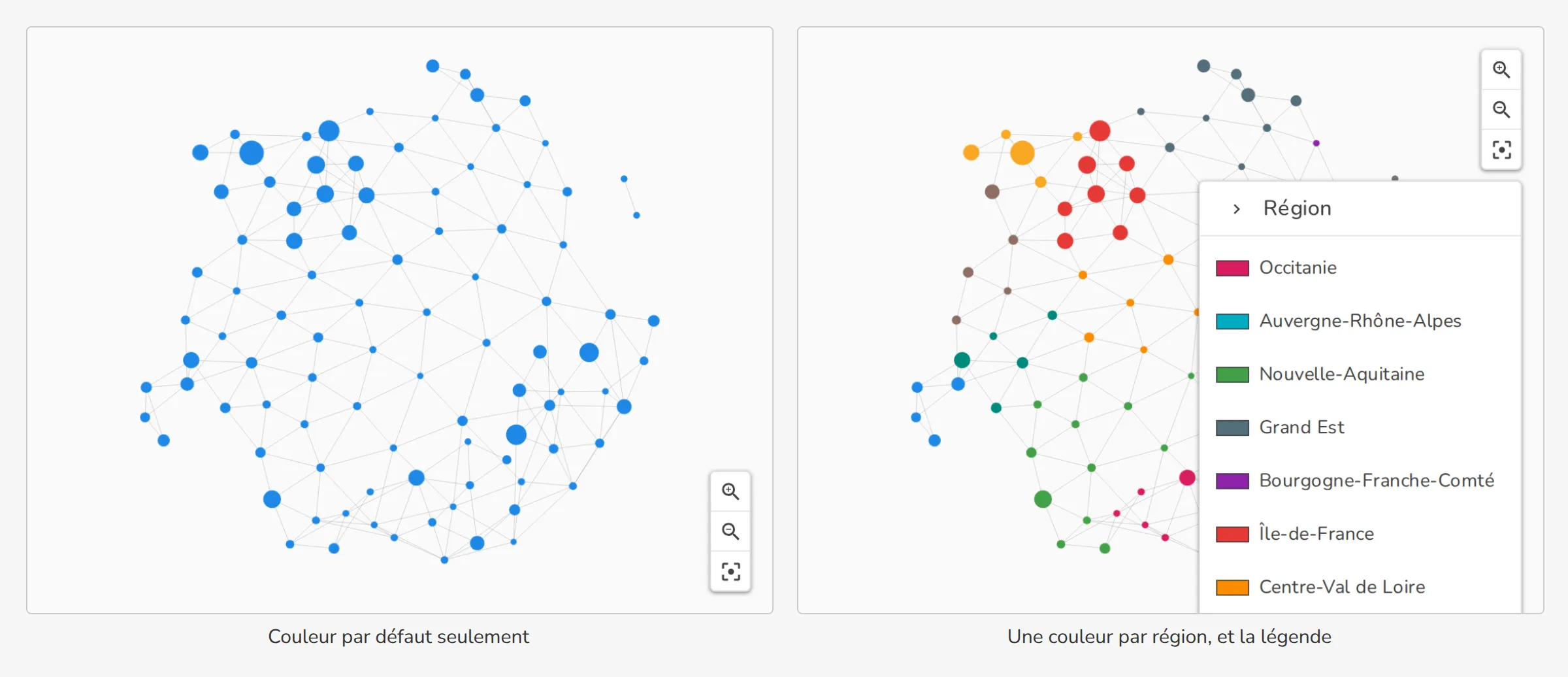 Nœuds dans la couleur par défaut, puis colorés par région