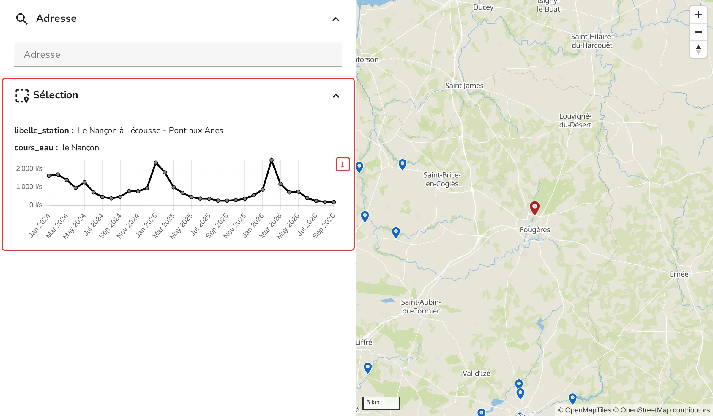 Carte des stations d'Ille-et-Vilaine, une station sélectionnée
