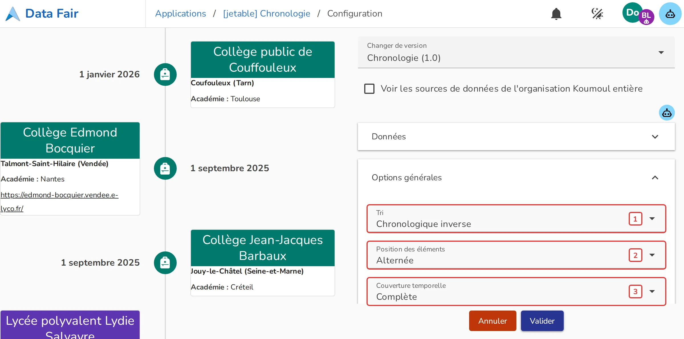 Section Options générales de la configuration de la Chronologie
