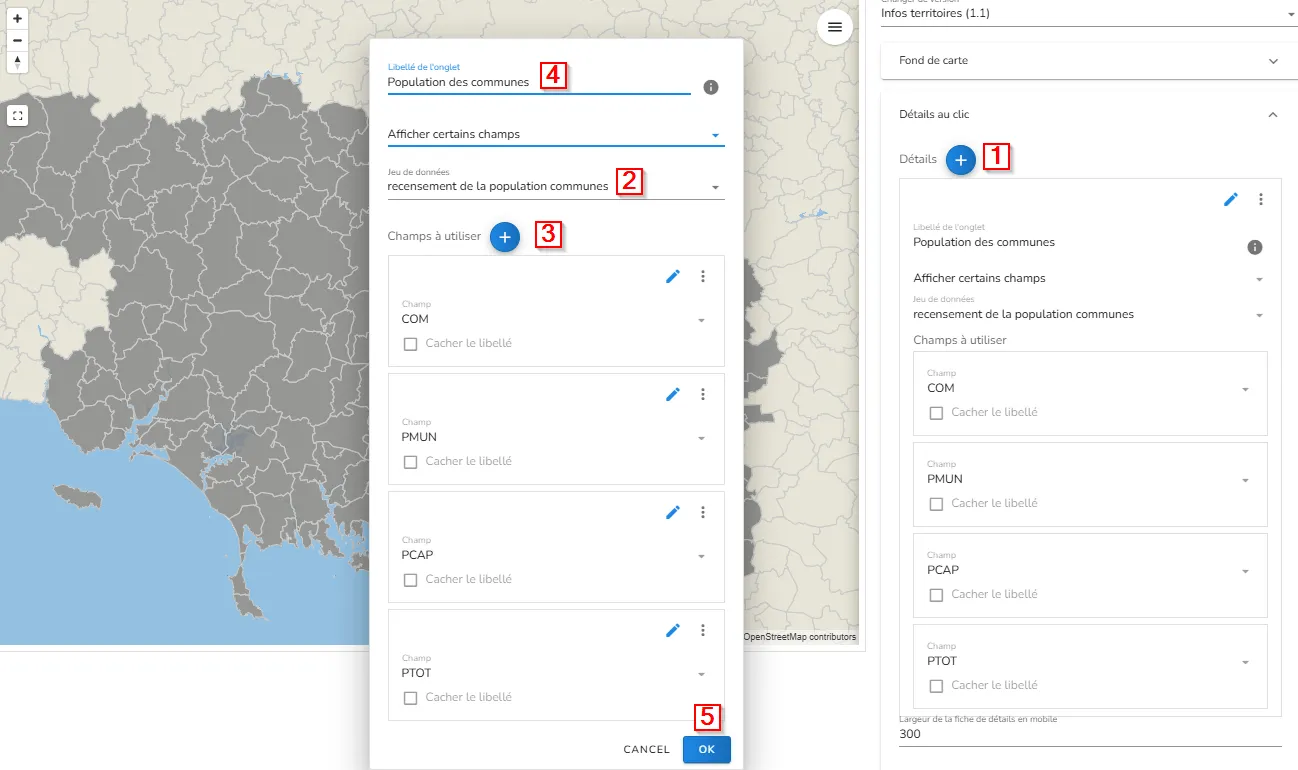 Écran de configuration de l'application infos territoires