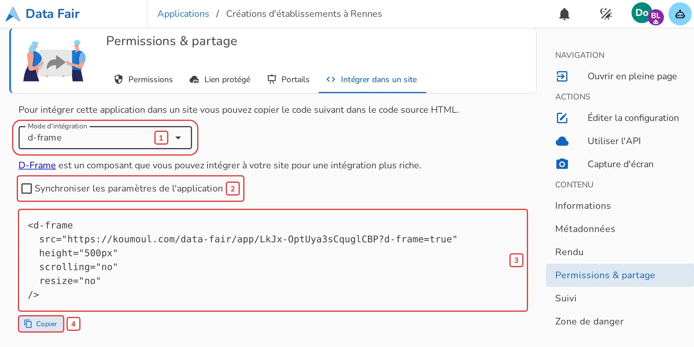 Onglet Intégrer dans un site d'une visualisation, en mode d-frame