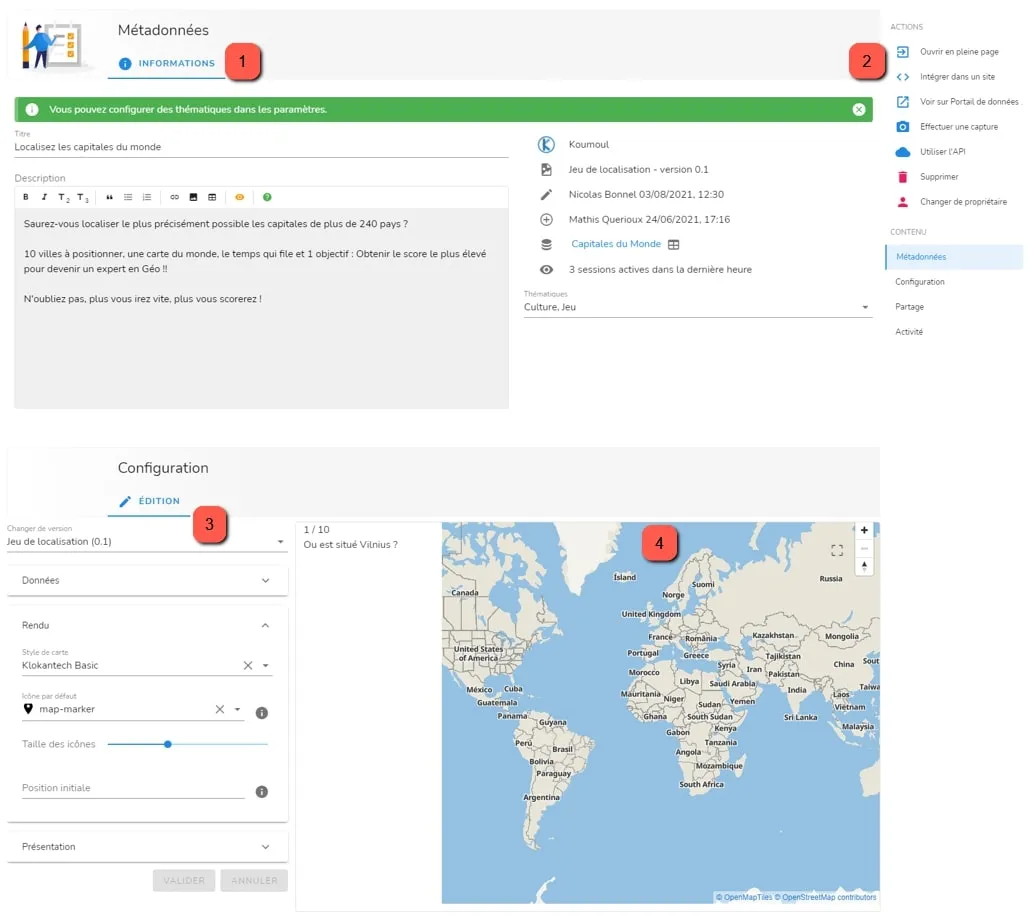 Sections de la page de configuration du jeu de localisation