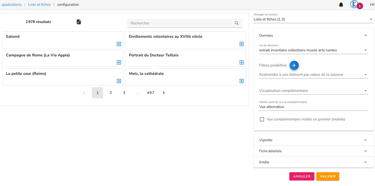 Interface de configuration de la visualisation « Listes et Fiches »