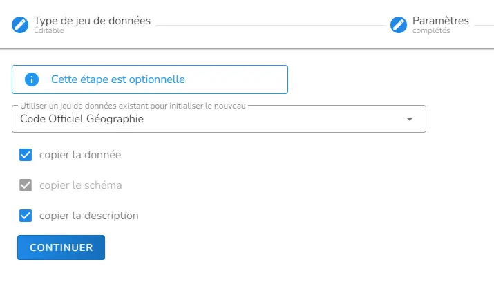 Paramètres de copie du jeu de données éditable