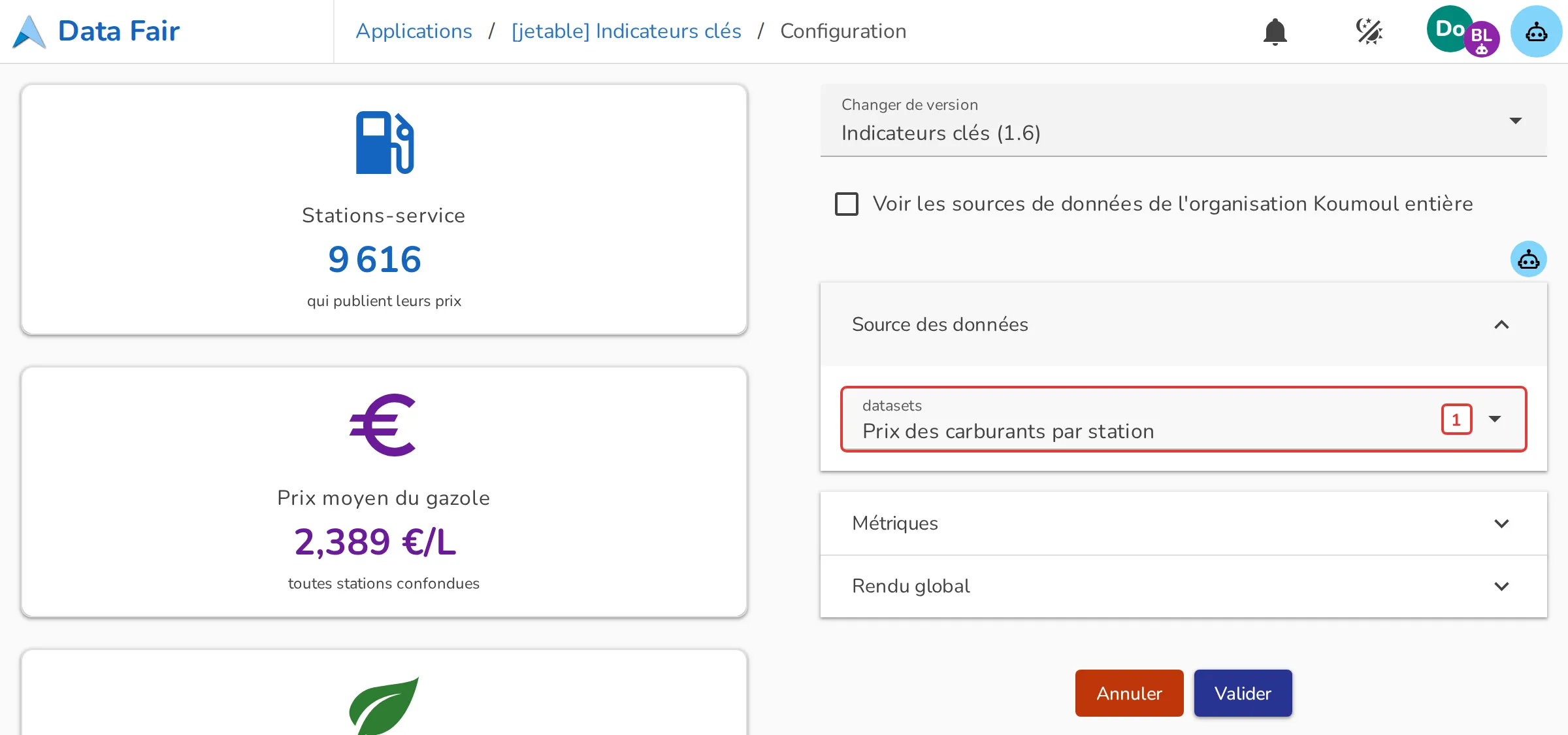 Section Source des données de la configuration des Indicateurs clés