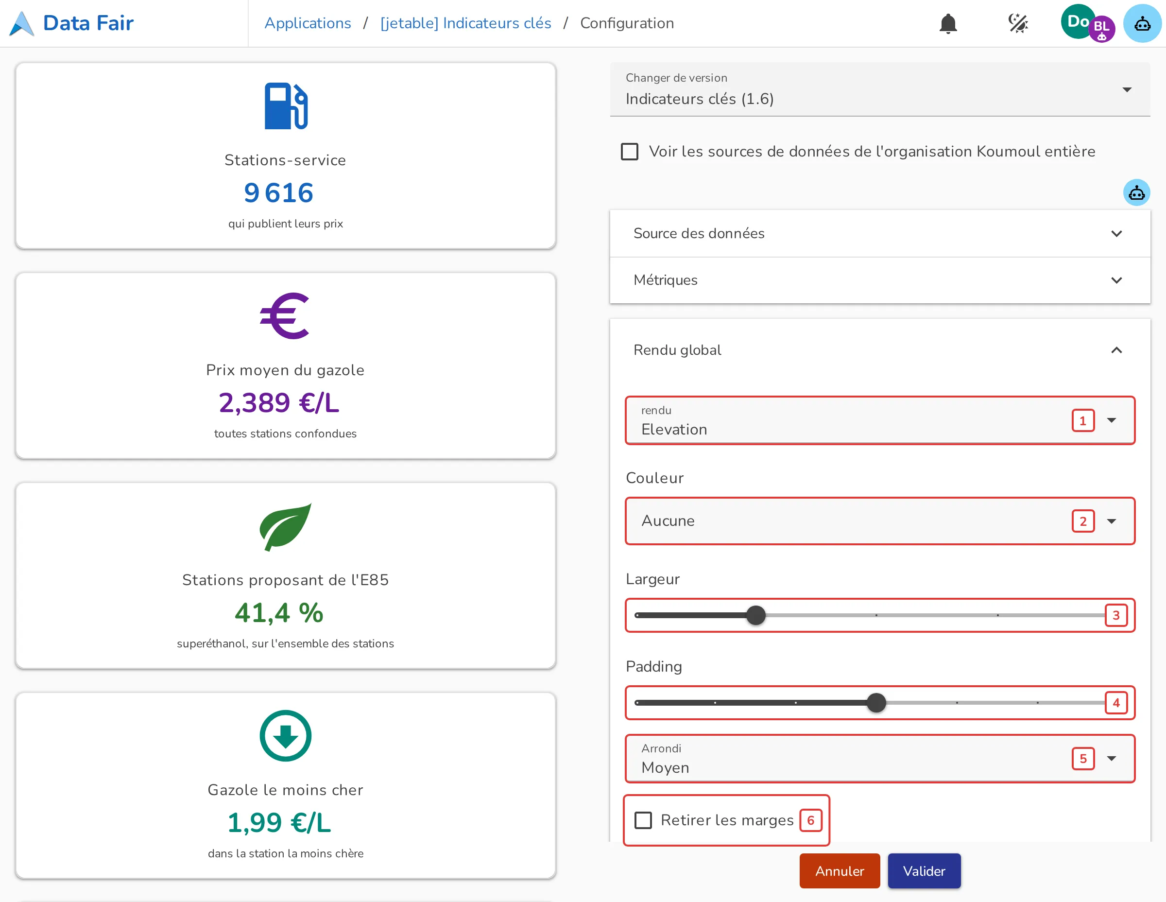 Section Rendu global de la configuration des Indicateurs clés