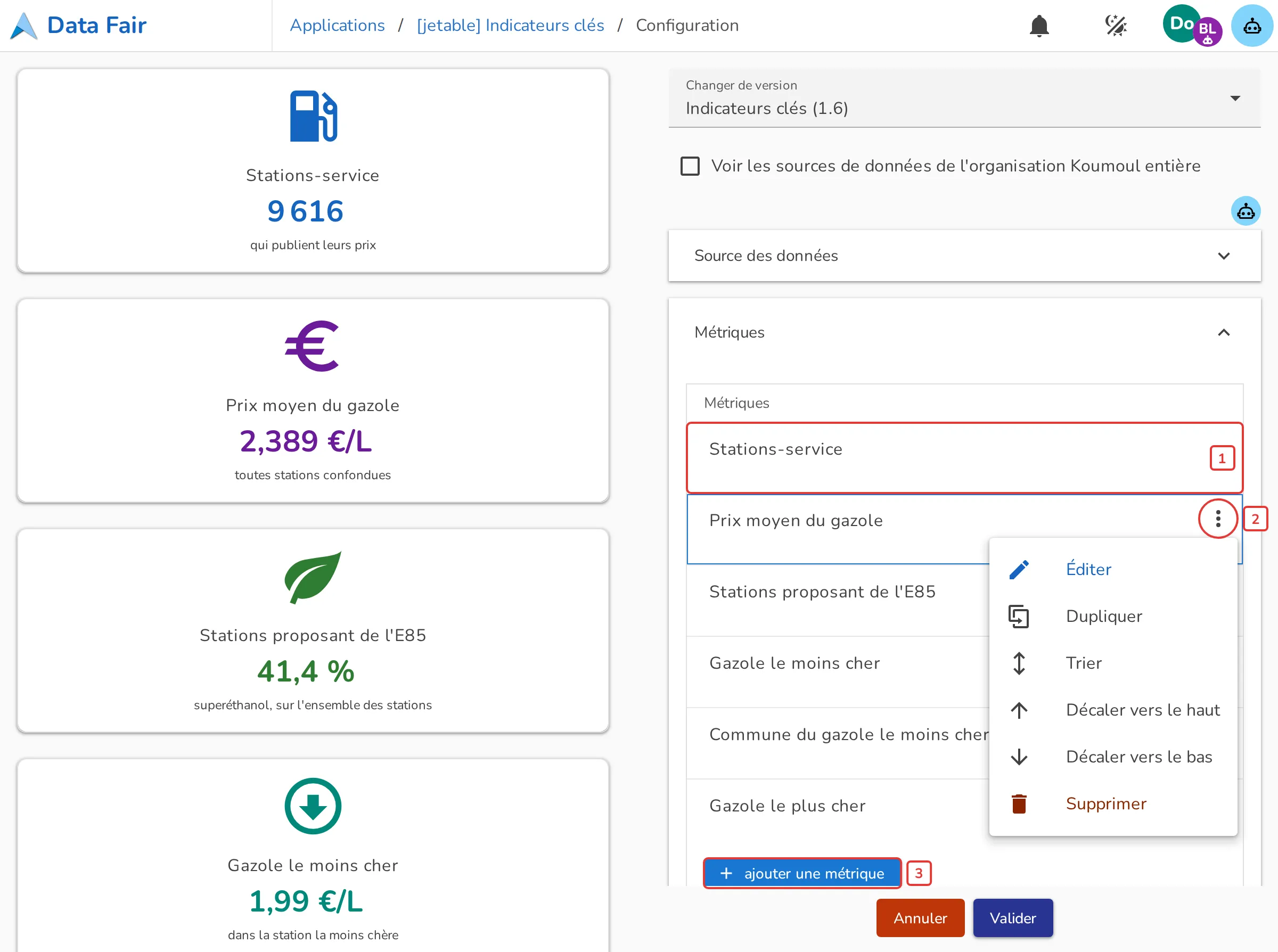 Liste des métriques de la configuration des Indicateurs clés