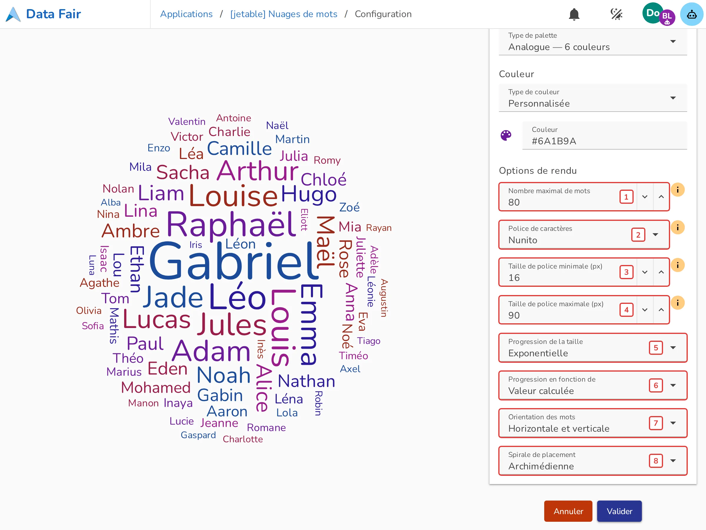 Options de rendu de la configuration du Nuage de mots
