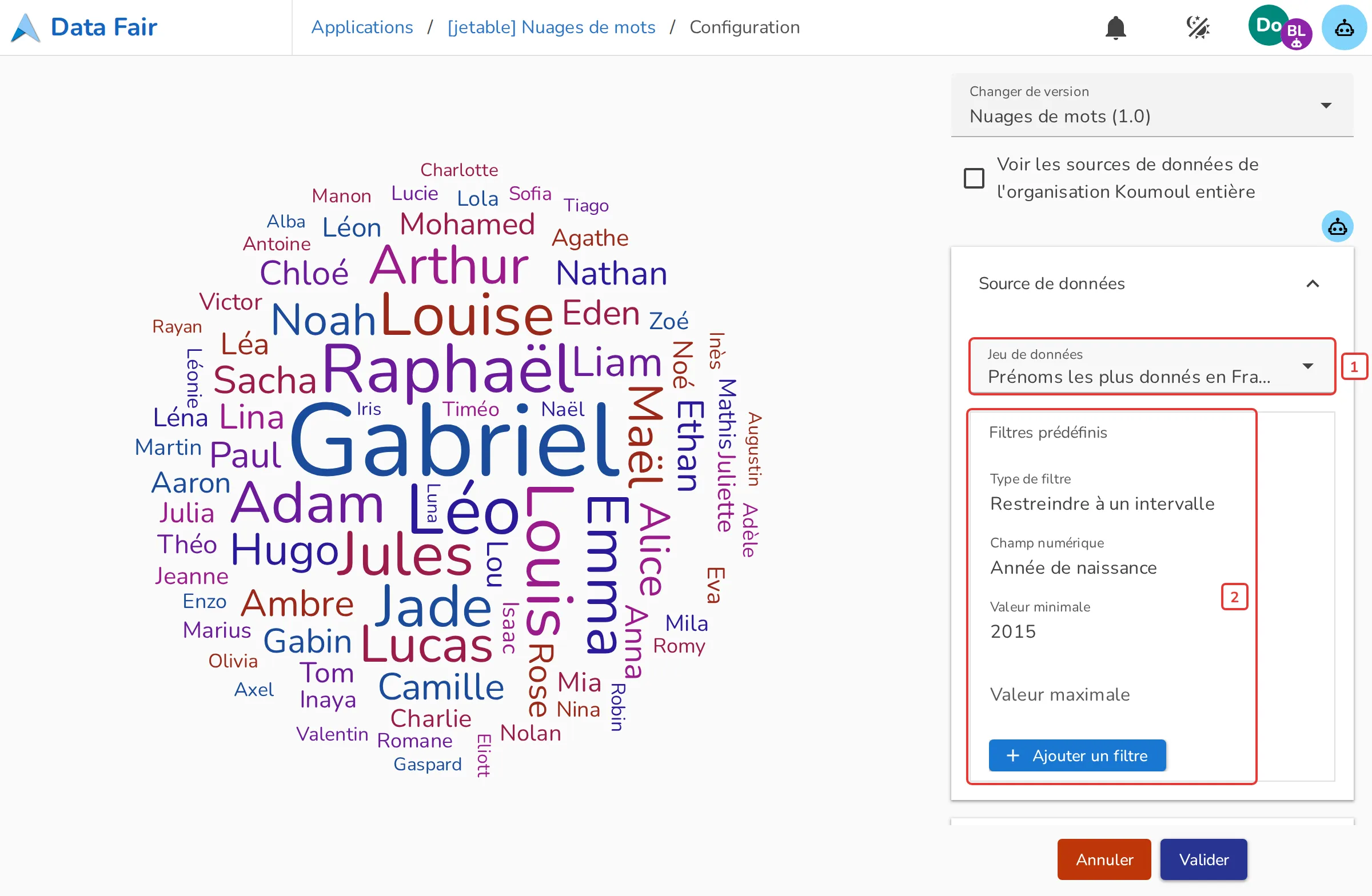 Section Source de données de la configuration du Nuage de mots