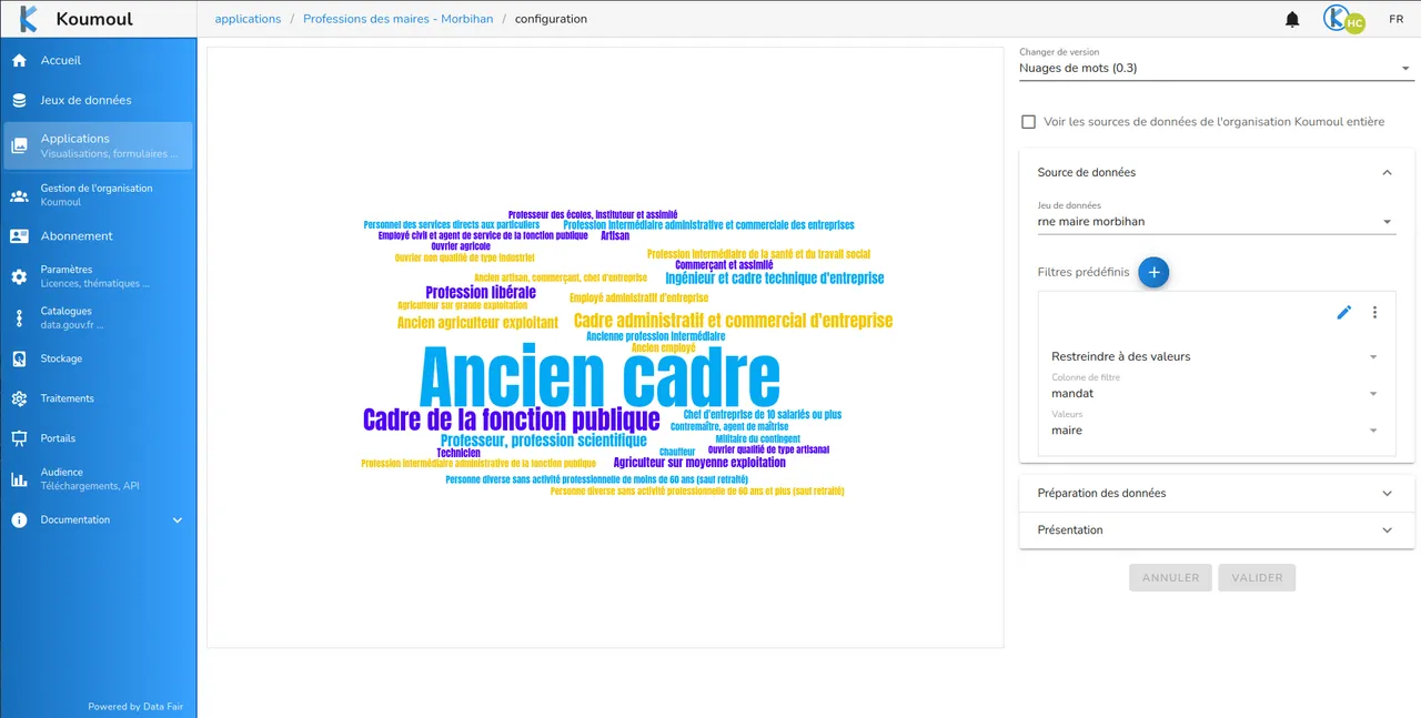 Écran de configuration de l'application nuage de mots