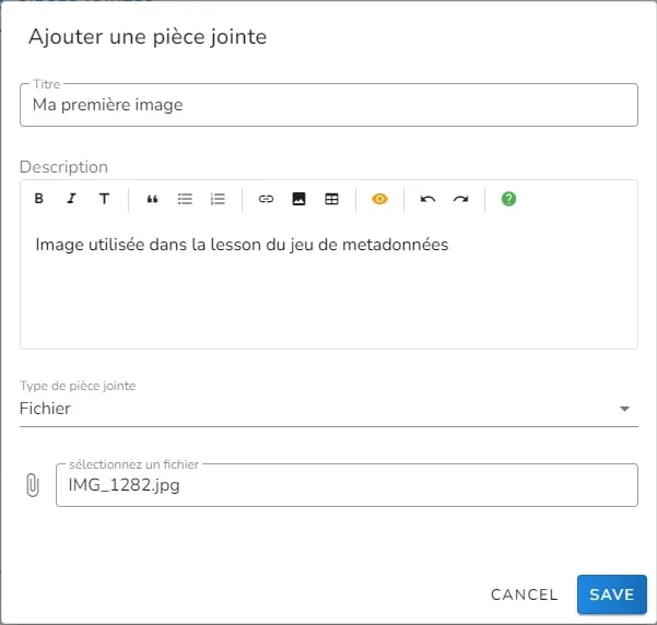 Section « pièces jointes » des métadonnées