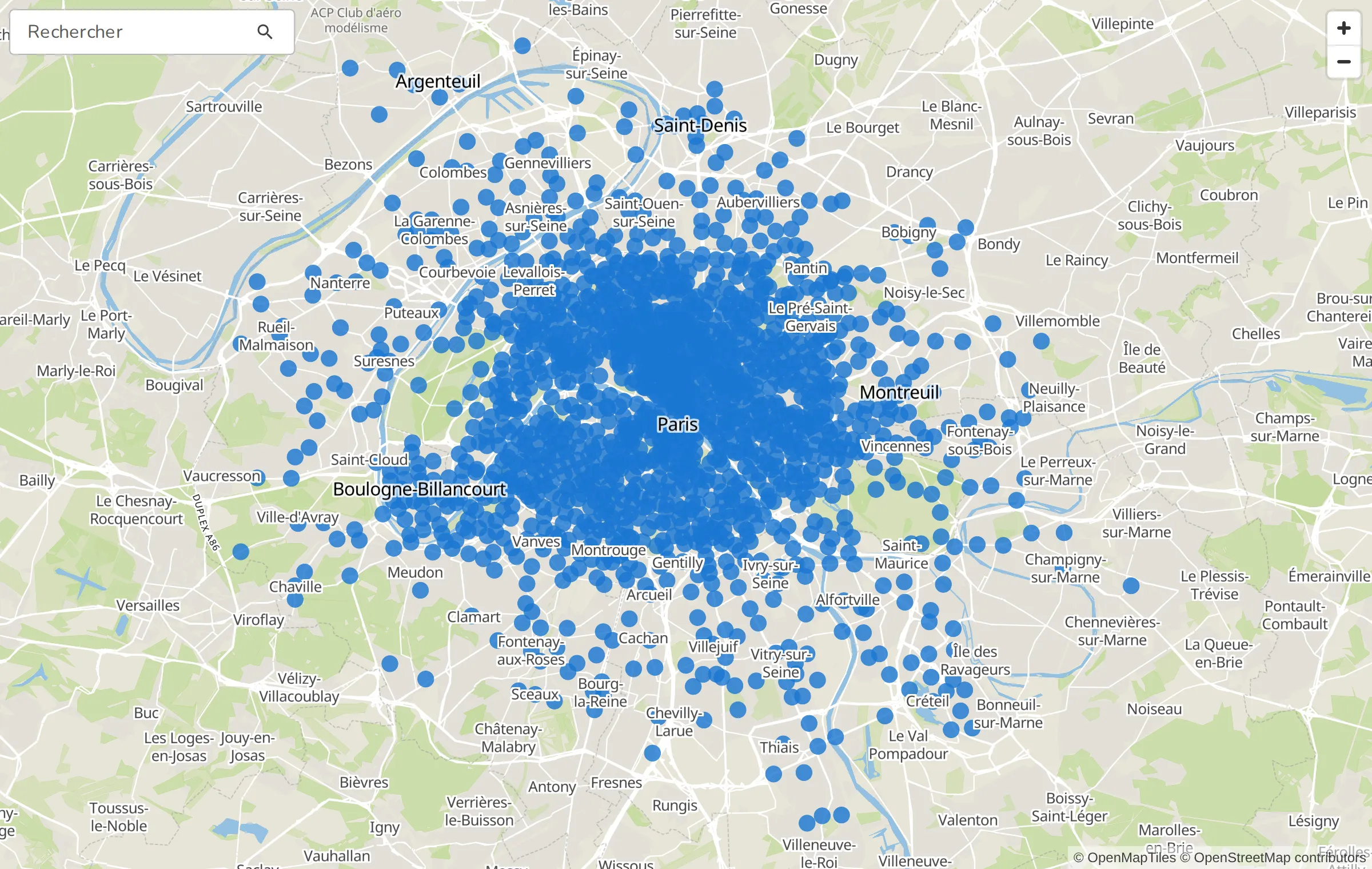 Les stations Vélib' du jeu de données produit, sur une carte