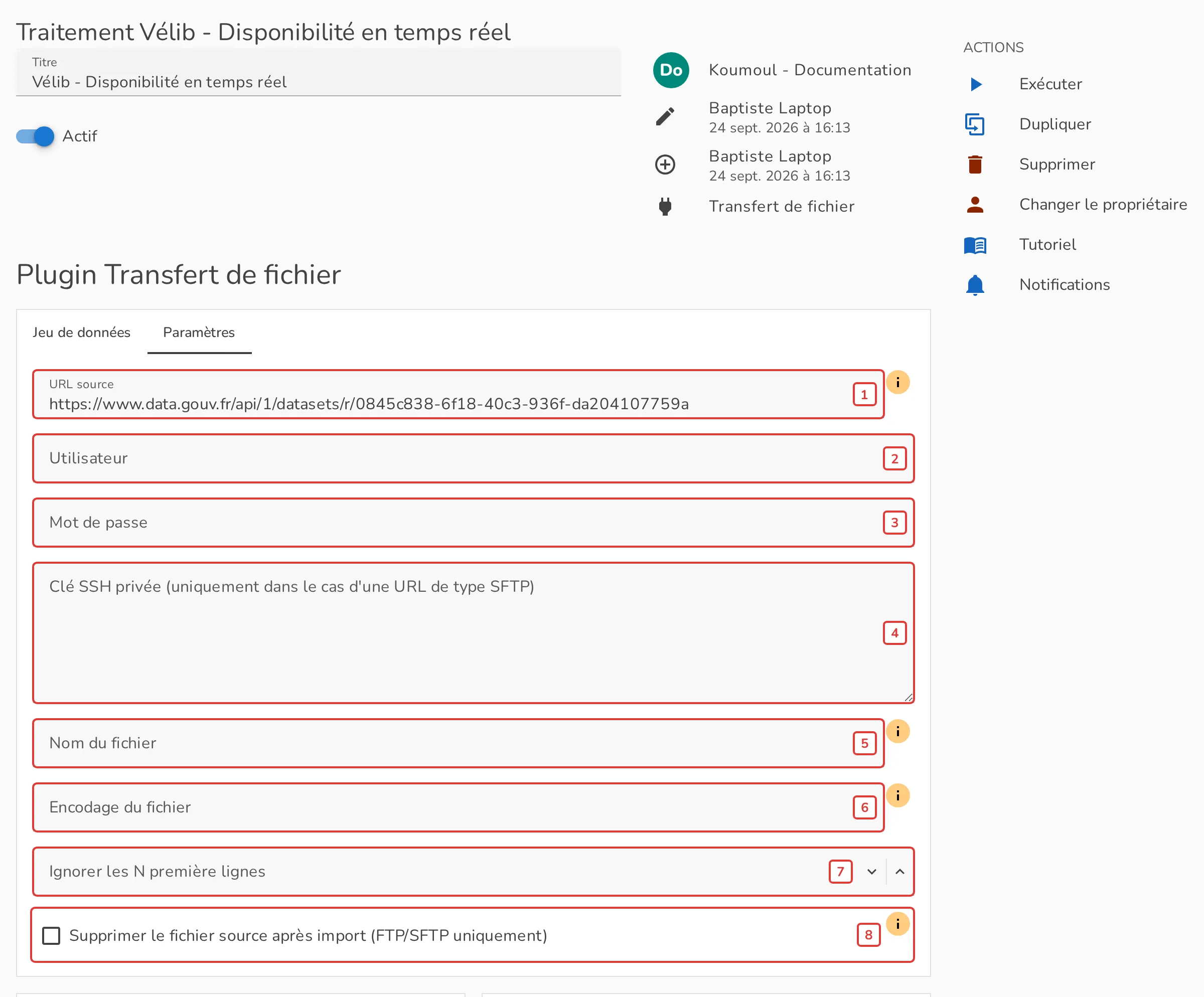 L'onglet Paramètres du plugin Transfert de fichier