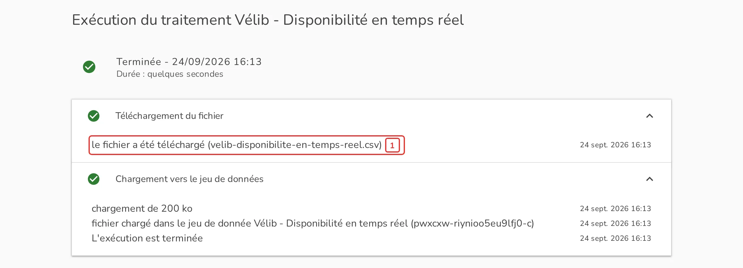 Journal d'exécution du traitement Transfert de fichier