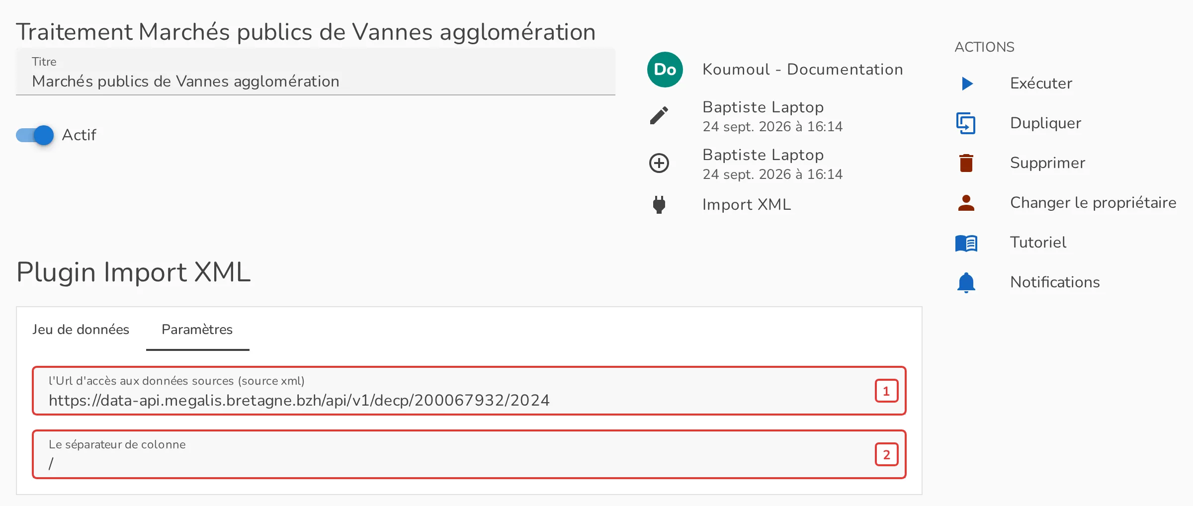 Onglet Paramètres du traitement Import XML