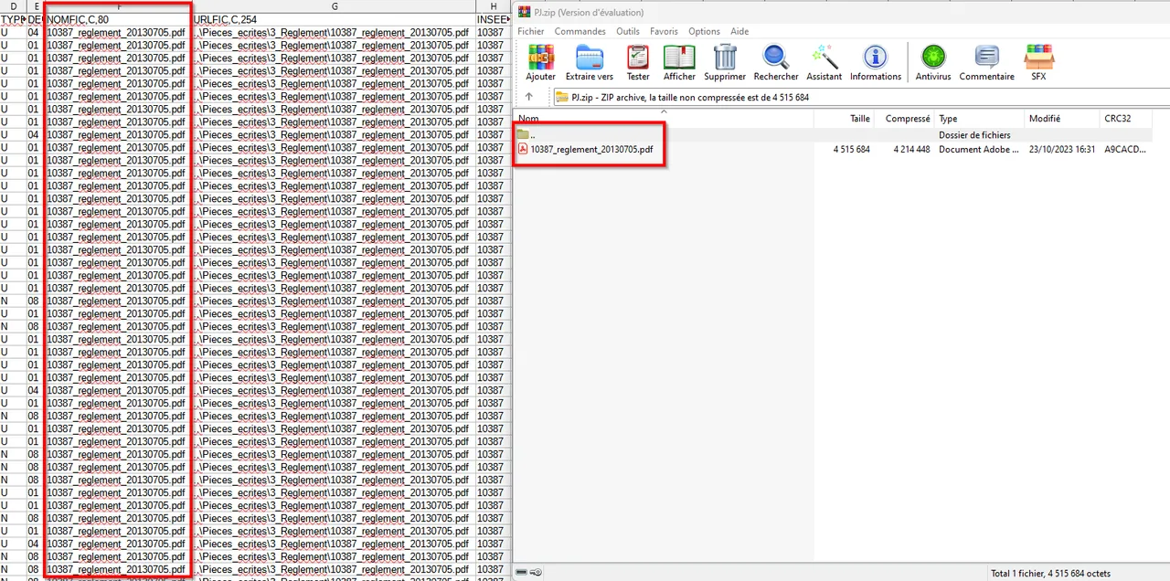 Colonne NOMFIC contenant le nom du fichier PDF